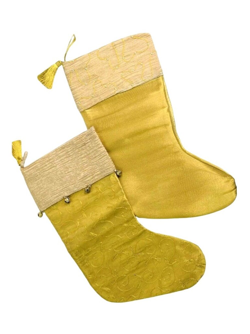 Christmas Stocking Sheer Gold w/ Embroidery Bells 17.5" Similar Mis-Matched Set